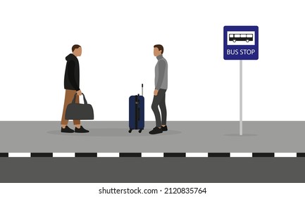 Two male characters with luggage stand near a bus stop sign on the sidewalk