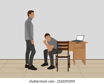 Two male characters near a desk with a laptop indoors