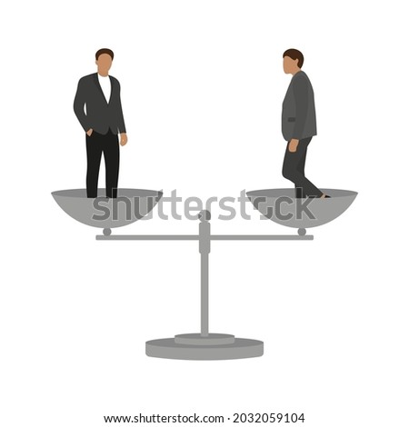 Two male characters on different scales on a white background