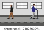 Two male characters, one of whom is on a scooter, are moving along the sidewalk in different directions