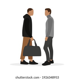 Dos personajes masculinos, uno de los cuales con una bolsa en la mano, juntos con un fondo blanco