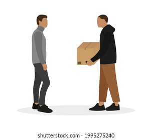 Two Male Characters, One Of Whom With A Cardboard Box In His Hands, Stand Together On A White Background