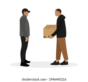 Two Male Characters, One Of Whom With A Cardboard Box In His Hands, Stand Together On A White Background