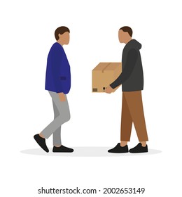 Two Male Characters, One Of Whom Is Holding A Cardboard Box, Together On A White Background