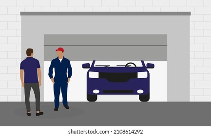 Two male characters, one of whom is in a work uniform, are talking near the garage