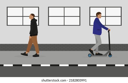 Two male characters, one of whom is on a scooter, are moving along the sidewalk in different directions