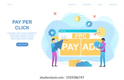 Two male characters are paying services online per click. Men are standing next to screen with arrow and clicking to pay. Website, web page, landing page template. Flat cartoon vector illustration