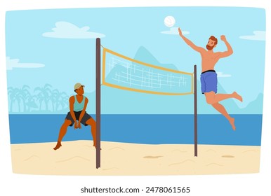 Dos Personajes Masculinos Jugando Al Voleibol Playa Con Uno Poniendo La Pelota Y El Otro Preparándose Para Recibir. Escena De Vector De Un Día Soleado Con Un Océano Sereno Y Palmeras Al Fondo