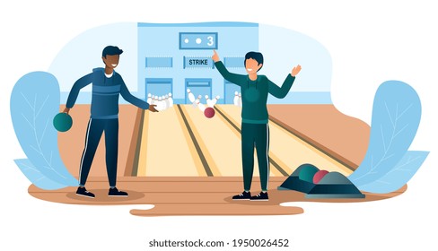 Two male characters are playing bowling together. Friends in casual clothes are throwing ball on bowling alley and enjoing time. Active Lifestyle. Flat cartoon vector illustration