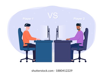 Dos personajes masculinos jugando uno contra otro videojuego en un club de computación. Concepto de perder y ganar en juegos de computadora. Ilustración vectorial de dibujos animados planos