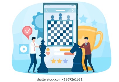 Two male characters playing online chess game. Abstract concept of playing video games on smartphone. Flat cartoon vector illustration