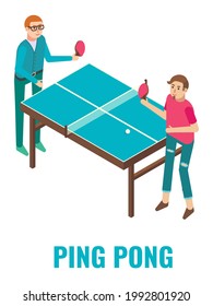 Dos personajes masculinos jugando al ping pong ping pong ping pong, juego de arcade, ilustración isométrica de vector plano. Club de juegos, sala, atracciones de la zona, actividades lúdicas, animaciones. Juegos de arcade.