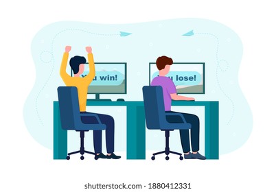 Two male characters playing video games in computer club. Concept of losing and winning in computer games. Flat cartoon vector illustration