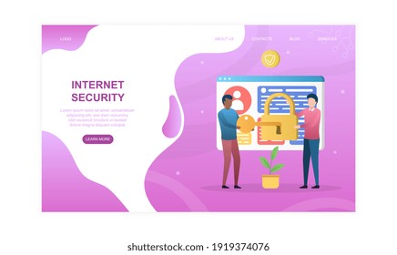 Two male characters are putting key in the lock. Concept of digital internet security and network access. Website, web page, landing page template. Flat cartoon vector illustration