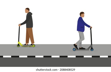 Two male characters with scooters on the sidewalk
