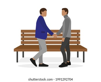 Two male characters shaking hands near a bench on a white background