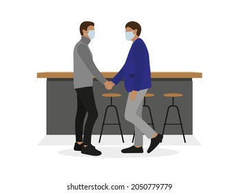 Dos personajes masculinos estrechando la mano cerca de una mesa de bar sobre un fondo blanco
