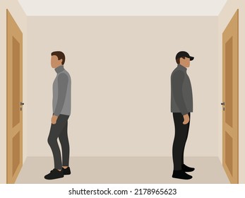 Two male characters stand in front of closed doors indoors