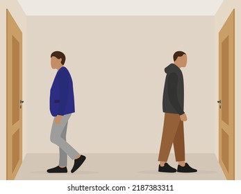 Two male characters stand in front of closed doors indoors