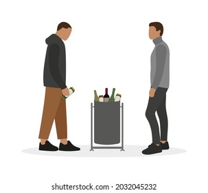 Two male characters stand near a trash can full of empty bottles on a white background