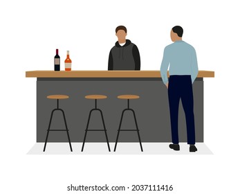 Two male characters stand near a bar table with alcohol on a white background