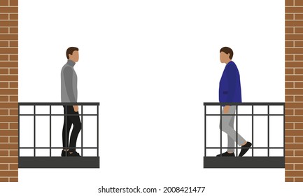 Two male characters stand on opposite balconies and look at each other