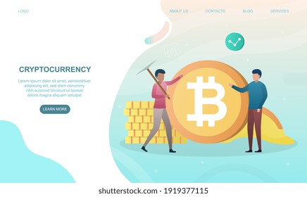 Two male characters are standing near huge bitcoin. Concept of bitcoin cryptocurrency investment. Website, web page, landing page template. Flat cartoon vector illustration