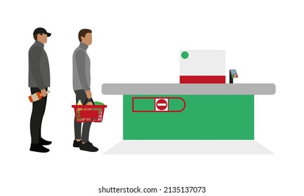 Two male characters are standing near the cash register on a white background