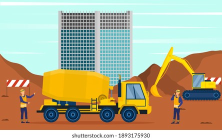 Two male characters standing next to concrete mixer on construction site. Men in uniform working on building construction. Flat cartoon vector illustration