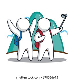 Two male characters taking a group picture, Travel illustration concept
