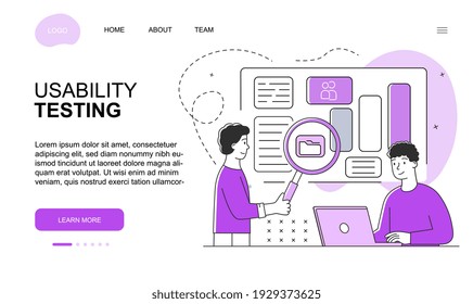 Two male characters are testing interface usability. Young man is looking at web interface through magnifier. Website, web page, landing page template. Flat cartoon vector illustration