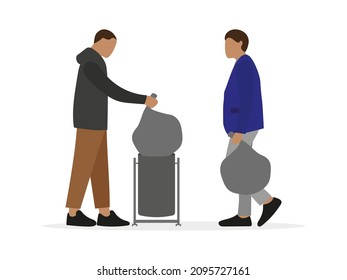 Two male characters throwing big trash bags into a small trash can on a white background