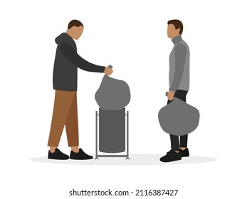 Two male characters throwing big trash bags into a small trash can on a white background