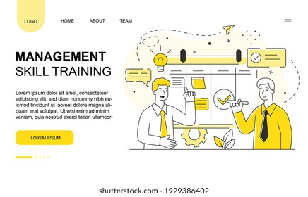 Two male characters are training management skills at workshop. Concept of brainstorm at workshop, management skills. Website, web page, landing page template. Flat cartoon vector illustration