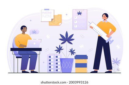 Two male characters are using medical cannabis and marijuana for health. Health commodities, drug, oils and herbs. Men are studying medical qualities of marijuana. Flat cartoon vector illustration