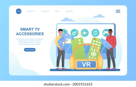 Two male characters are using smart television connected to digital devices. Interractive TV entertainment, gaming TV tools. Website, web page, landing page template. Flat cartoon vector illustration