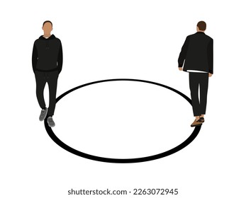 Two male characters walking in a circle on a white background