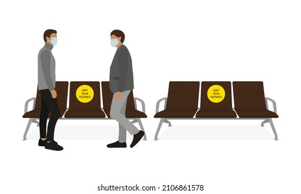 Two male characters wearing medical masks stand near seats with a "Keep Your Distance" sticker