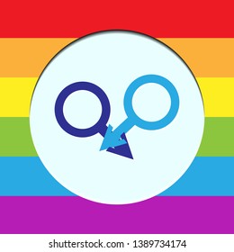 Two male characters in a white circle with backgrounds in LGBT colors