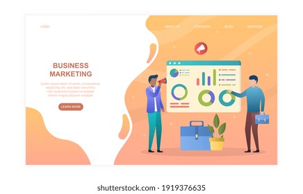 Two male characters working on business marketing. Concept of business teamwork, analysis and project management strategy. Website, web page, landing page template. Flat cartoon vector illustration