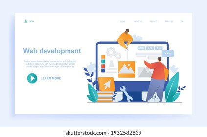 Two male characters are working on web development together. Two developers are creating website for users as a team. Website, web page, landing page template. Flat cartoon vector illustration