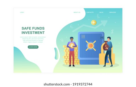 Two male characters are working in safe funds investment. Men are holding money in front of safe door. Website, web page, landing page template. Flat cartoon vector illustration