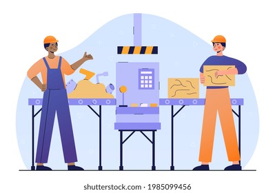 Two male characters in workwear are recycling iron together. Concept of worker control machine pressing old used metal scrap. Pressed cubes of reused junk. Flat cartoon vector illustration