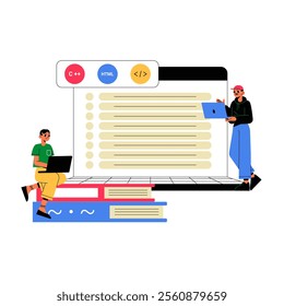 Two Male Coders Collaborating With Laptops On A Stack Of Books In Flat Vector Illustration Symbolizing Teamwork, Programming, And Innovation, Isolated On White Background