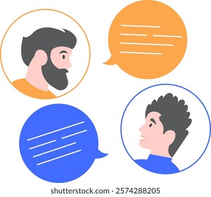 Two male colleagues engaging in a conversation through chat bubbles, discussing work related topics or personal matters via online communication platforms