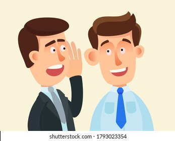 Two male colleagues gossip at work, portrait. A man whispers in a friend's ear. A man tells a secret. Vector illustration, flat design, cartoon style, isolated background.