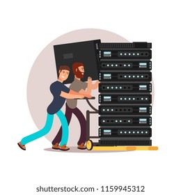 Two male computer engineers, IT specialists with database servers. Vector illustration