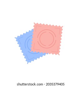 Two male condoms colored flat style icons. Contraception, birth control, HIV and AIDS prevention concept. Contraceptive birth control methods. Vector element isolated on white.