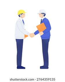 Two male construction workers in helmets shaking hands in agreement, full length vector illustration