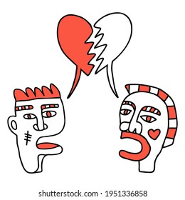 Two male couples with broken love heart chat bubble. Copy space to add your own text. This is a hand drawn communication concept.